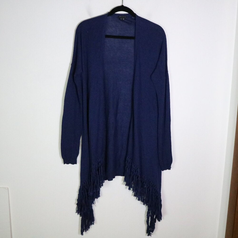 Theory Cotton Cashmere Open Waterfall Cardigan Womens Medium Purple Tassels Knit